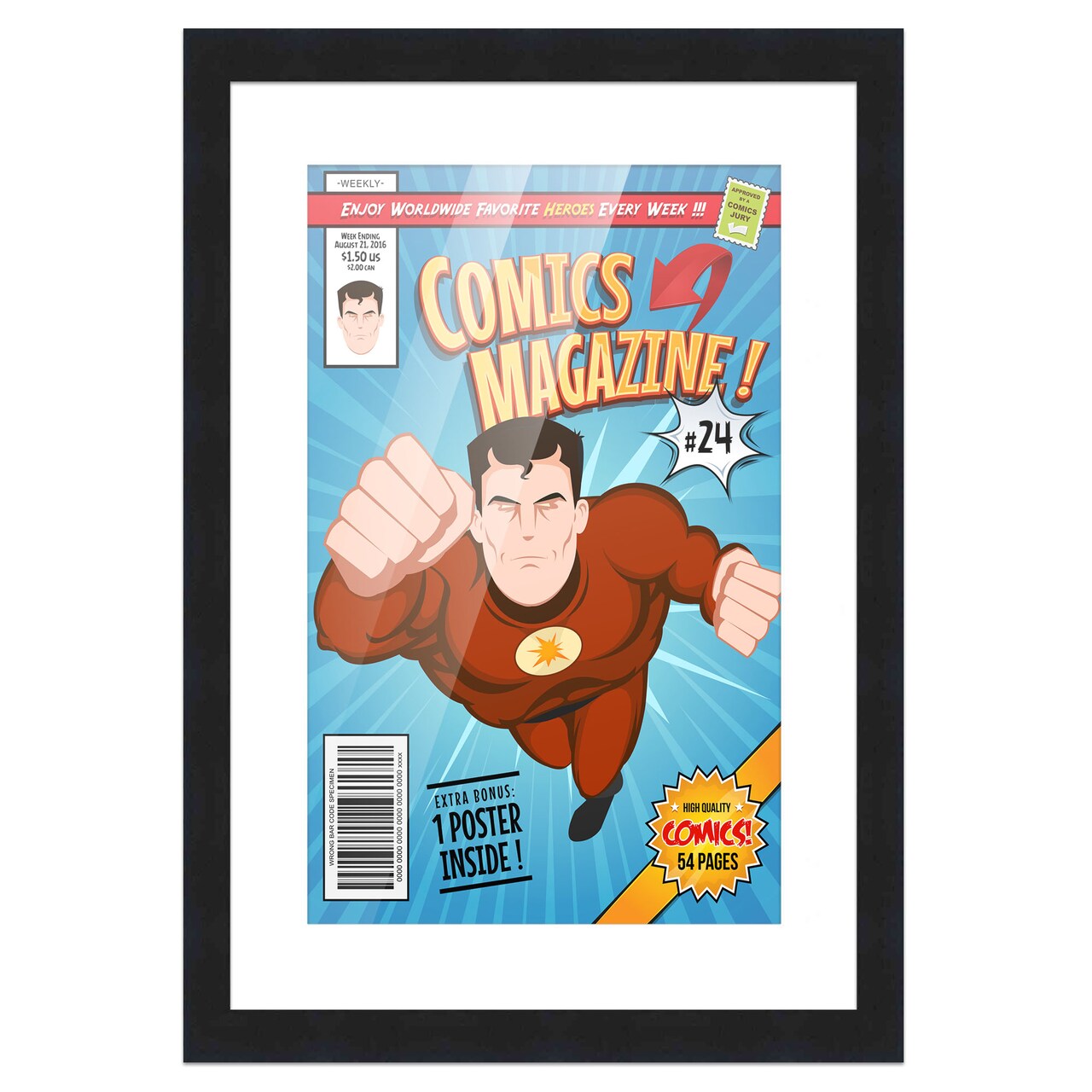 Comic Book Display Frame for Current Era Comic Published After 1985 - Black Wood Comic Frame With White Mat for 6.875x10.5 Comic, 18 Frame Sizes